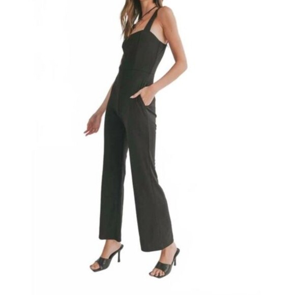 NWT Sage The Label Icon Square Neck Jumpsuit Black Straight Leg Size Small - Picture 9 of 11